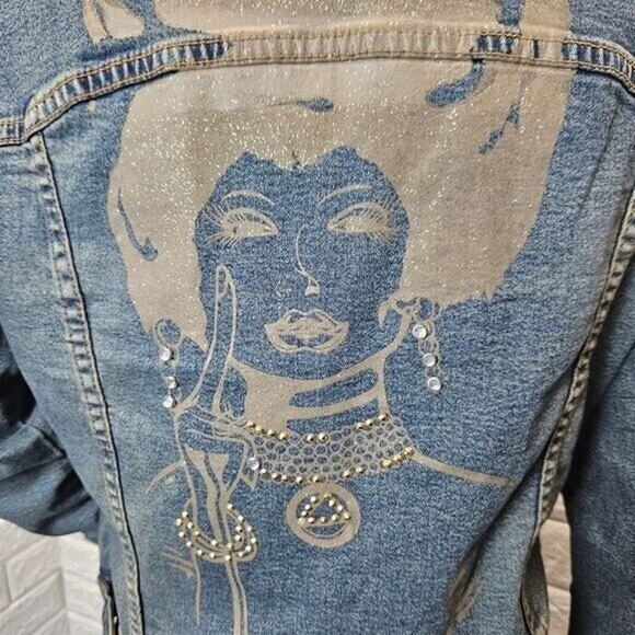 GI and Jo Womens jean jacket M studded graphic ZA - Picture 9 of 9